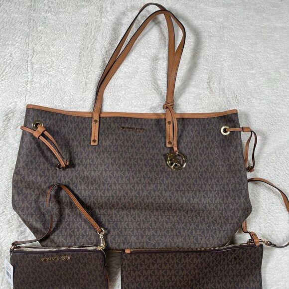 Michael Kors Monogram 3 Piece Jet Set Brown Tote Wristlet Reversible Shoulder Ba - Picture 2 of 16